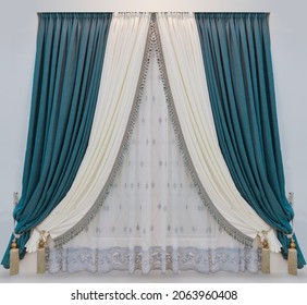 Window design in classic style. The elegant blue and white velvet curtains and the luxury tulle with embroidery.