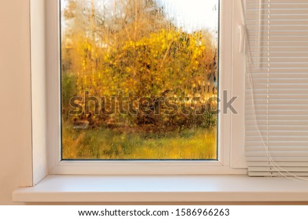 Window drip due to bad ventilation inside house. Condensation on glass during cold weather. High humidity is cause of mold (mildew, mould) on house or building surfaces. Water drop tracks on windows