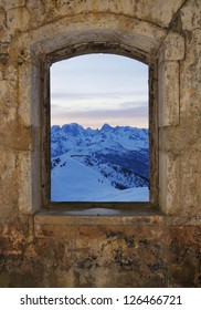 Window - fort Gondran , Montgenevre View of the mountains of the Ecrins