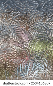 A window glass embossed texture with a leaf pattern in close up