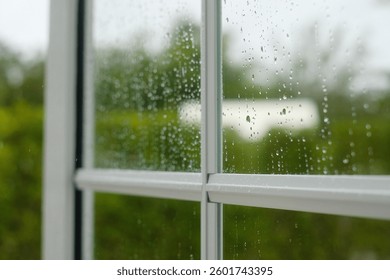 window in the grass with drop rain background