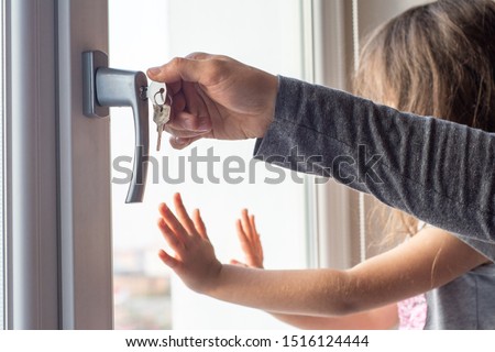 Window handle lock. Key locking window with key for kids safety. Window Restrictors in the home.  