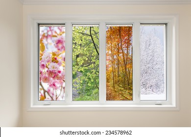 Fenster im Inneren des Hauses mit Blick auf vier Jahreszeiten