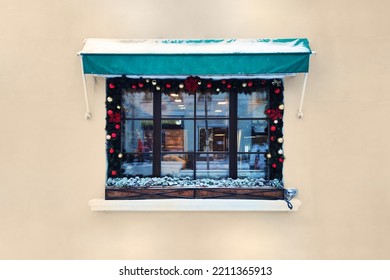 Window Of A House Outside Decorated In Christmas Style