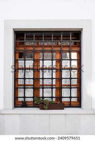 Window with iron grating on white wall. Lattice on the window, architecture of a country house. Window bars. Bars installed over window. Nobody, street photo