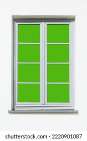 Window Isolated. Green Screen Window Background. Empty Copy Space Inside Room. Outdoor Gray Plastic Frame.