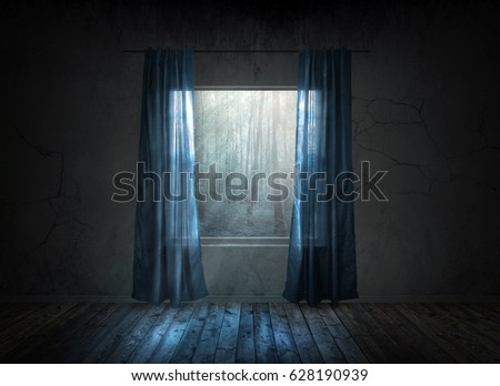 A window looking out into the forest at night.