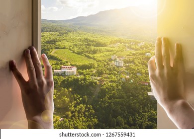 Window To The New Life, Hands Open Window With Gorgeous Landscape Nature View On Summer