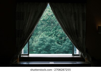 A window with open curtains frames a lush green forest view outside.