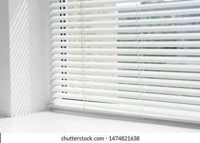 Window With Open Modern Horizontal Blinds Indoors, Closeup