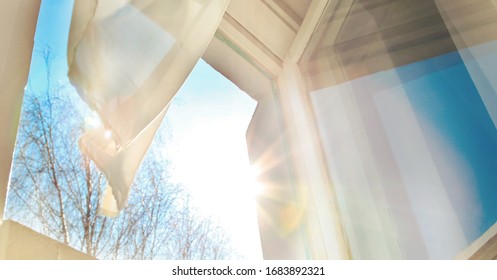 Window Is Open Wind Blows Curtain Sun Shining Through Window Blue Sky Background