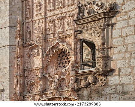 Window of the palace of Pimentel and facade of San Pablo in the background, Valladolid, Spain. King Philip II of Spain was born in this palace.