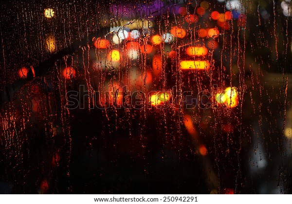 window rain blurred city\
lights