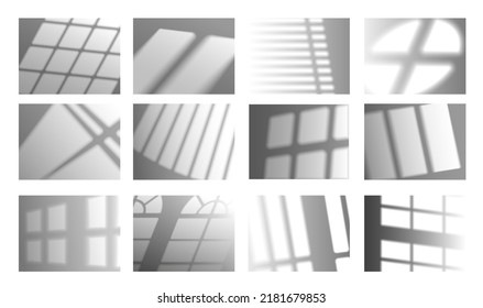 Window shadow effect. Transparent shade overlay light mockup, curtains window frame and blinder blurred shadows on the wall.  isolated set. Natural sunlight reflection on room surface - Shutterstock ID 2181679853