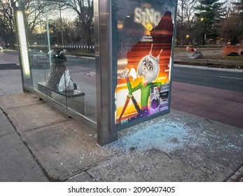 The Window Shatters On MTA Bus In The Bronx, Broken Glass On A Bus Stop, Side Glass Pane, Shelter Complaint · NYC311, Vandals Broke Damage Ad Stand, United States, NY, New York City .12.13.2021