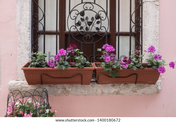 Window Sill Flower Pots Pink Painted Stock Photo Edit Now 1400180672