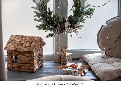 Window sill with New Year's elements - Christmas trees, decorations, Christmas balls. Merry Christmas and Happy New Year greeting card. Cozy background - Powered by Shutterstock