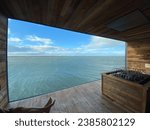 Window at Sky Lagoon sauna. Largest window in Iceland with views of Reykjavik Harbour. 