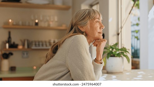 Window, smile and elderly woman with thinking at home for retirement, satisfaction and peace on weekend. Relax, senior person and calm with idea for reflection, mindfulness and good memory in house