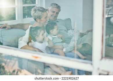 Window, Sofa And Grandparents And Children Watching Tv, Relax In Home Living Room And Streaming Subscription Television Movie. Happy Family Love, Quality Time And Elderly People Bond With Grandkids