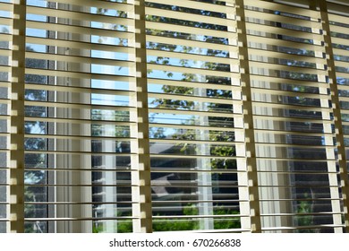 Window To A Suburban Back Yard With Green Trees (horizontal Faux Wood Blinds)