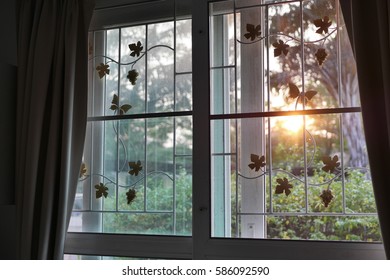 a window with sunset