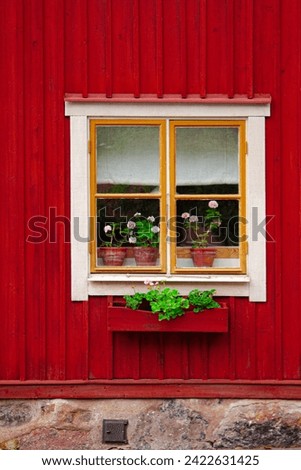 Window, Sweden. Sigtuna Old Town, Red Wall , yellow Windows, constructions summer, red windows, discovering Sweden, facade old house Europe.
