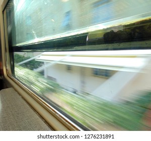 The window of a train moving at high speed