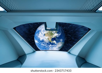Window view of alien spaceship. UFO or unidentified flying objects. Alien invasion. Space travel. Alien spaceship and extraterrestrial technology. Futuristic spacecraft. Earth image provided by Nasa. - Powered by Shutterstock