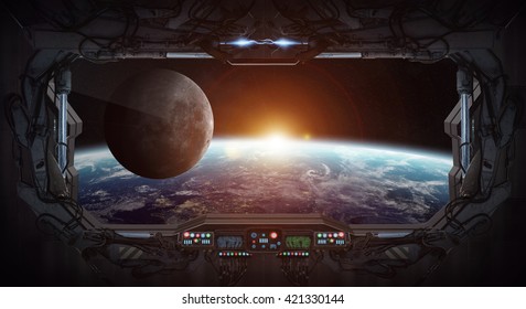 Window View Of Planet Earth From A Space Station '3D Rendering' 'elements Of This Image Furnished By NASA'