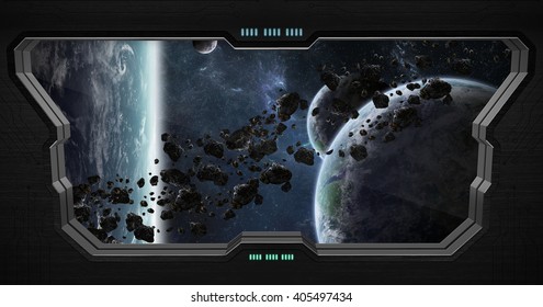 Window view of space from a space station 'elements of this image furnished by NASA' '3D rendering'