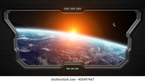 Window view of space from a space station 'elements of this image furnished by NASA' '3D rendering'