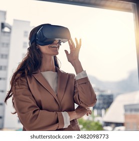 Window, vr headset and futuristic for woman with smile, online and digital for virtual reality and simulation. Programmer, web or happiness of girl in business, vision and review of product in office - Powered by Shutterstock