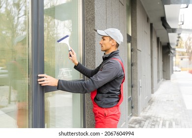 Window Washer Working Wash Glass On Building