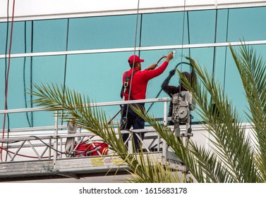 Window Washers In Red Shirts Cleaning Tinted Windows Of A Commercial Building. Palm Tree Branches In Foreground