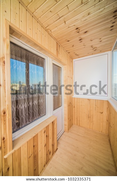 Windowed Balcony Decorated Tinted Pine Paneling Stock Photo