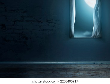 Windows with the curtain in an abandoned house with full moon background