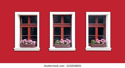 Windows with flower box. Italian architecture background. Vibrant color red wall facade. Small town house exterior. Street of European city building. Three window frames isolated on empty wall. - Powered by Shutterstock