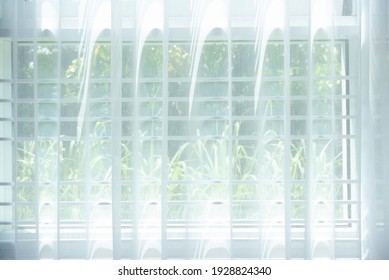 The Windows Had Sheer White Curtains On The Wrought Iron. With A Backdrop Of Green Trees