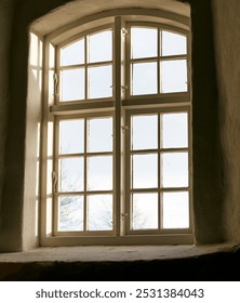 Windows, house and building with view, structure and empty with architecture, hospitality and woodwork. Frame, natural light and day with sunshine, historic space and apartment with paint and hotel