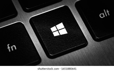 Windows icon, symbol on the button, keyboard laptop closeup. Windows is a operating systems developed, marketed, and sold by Microsoft. Moscow, Russia - November 15, 2019