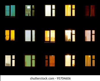 Windows At Night. House Building Lights Seamless Background