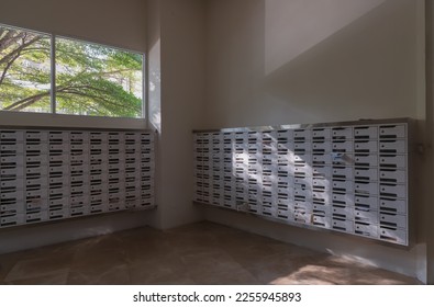 Windows view with big tree background in White mailroom for resident in condominium or apartment. Postbox in condo, Light and shadow, Selective focus.