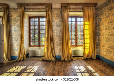 Windows with yellow curtains in an abandoned castle, HDR processing - Shutterstock ID 322026008