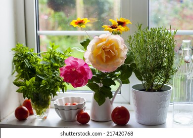 Windowsill With Herbs And Flowers