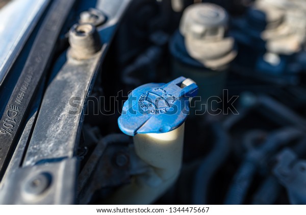 Windshield washer fluid reservoir with blue\
stopper, located in the engine\
compartment.