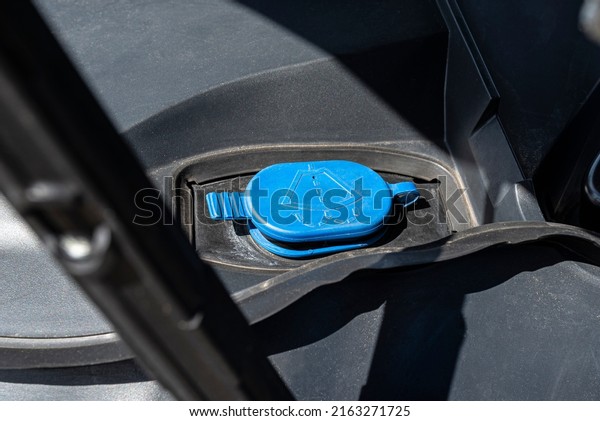 Windshield washer fluid reservoir with blue
stopper, located in the engine
compartment.