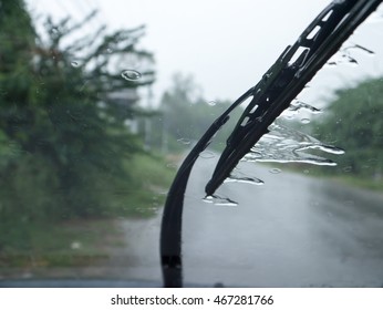 Windshield Wiper View In Car Rainy Day