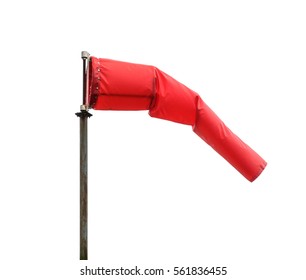 Windsock poiting the position of the wind. Red windsock isolated on white background, also known as Biruta de Vento in portuguese.