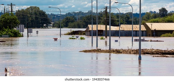 Windsor, Australia - March 24, 2021; New bridge at Windsor completely submerged after floodwaters inundated the area and surrounding localities cutting off communities